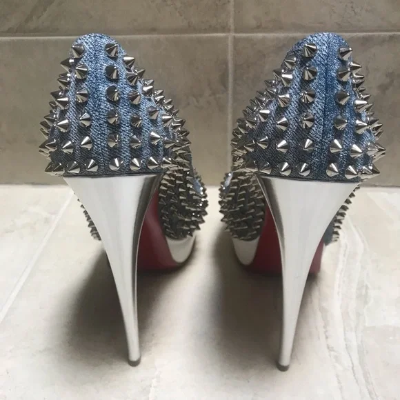 NEW Christian Louboutin sz 38 lady peep denim spike pumps - Picture 5 of 5